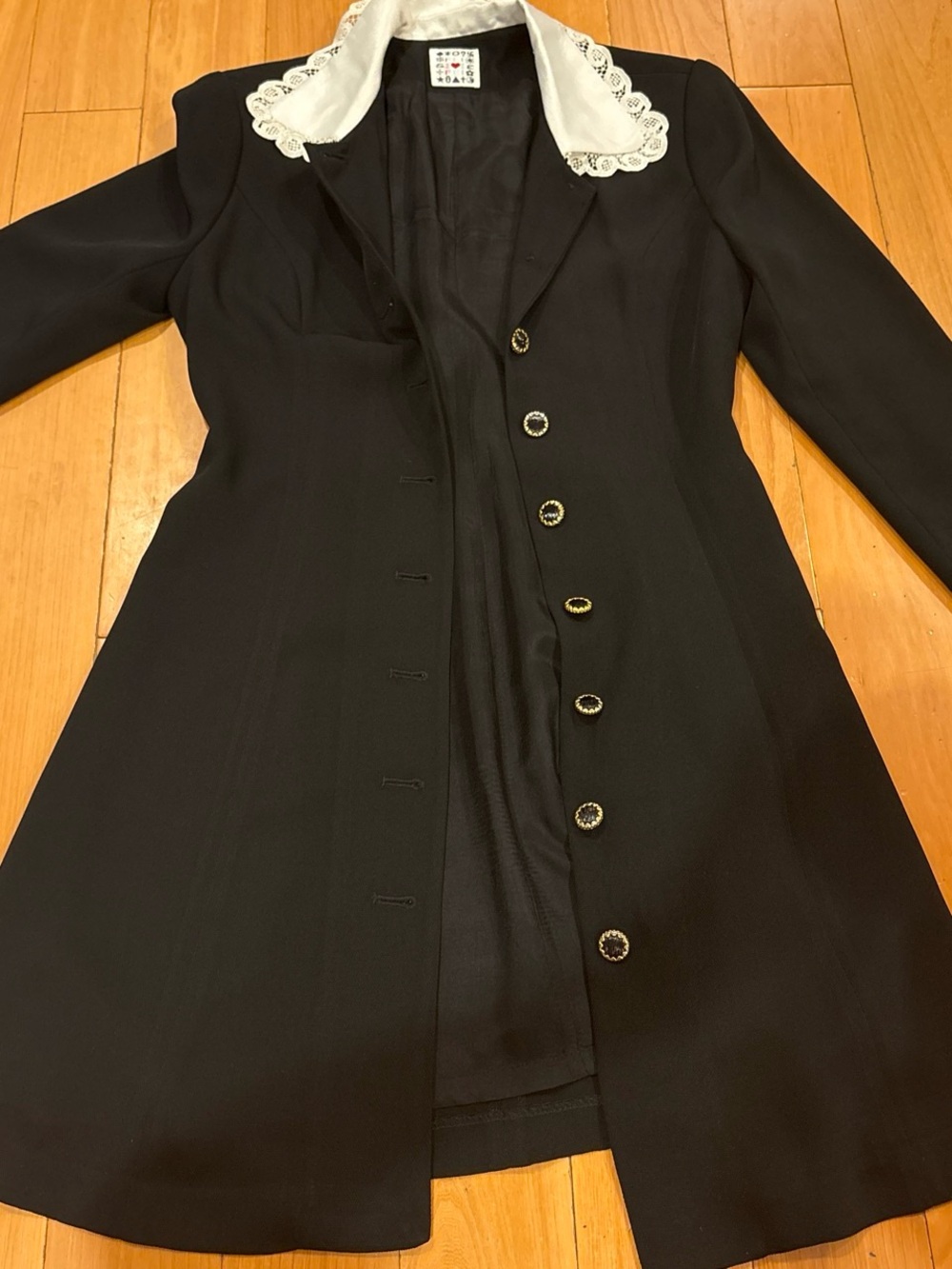 Black Women's Long Coat with White Lace Collar